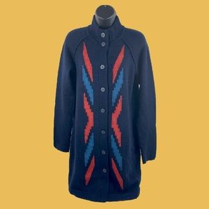 Navy Button-Front Knit Sweater Coat with Red & Blue Pattern